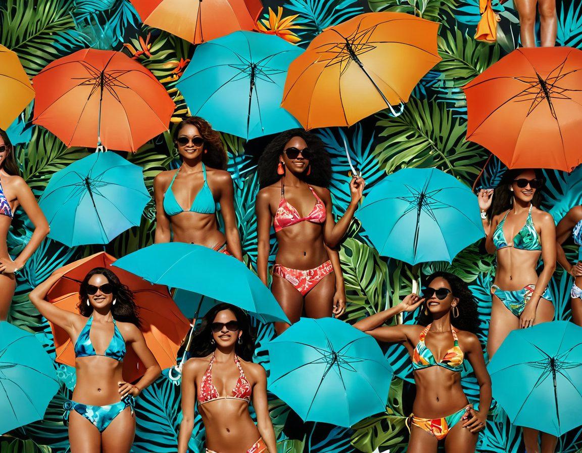 A vibrant beach scene showcasing diverse individuals in exotic swimwear, featuring bold patterns and unique designs, surrounded by lush tropical plants and shimmering turquoise waters. Sun-kissed skin and joyful expressions evoke a sense of celebration and inclusivity, while colorful beach accessories like towels, sunglasses, and umbrellas add flair. The background features a radiant sunset with warm hues blending in the sky. super-realistic. vibrant colors. tropical theme.