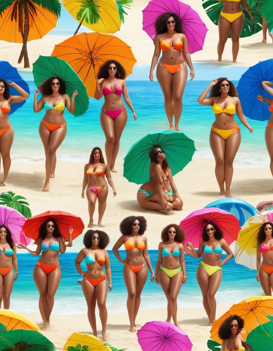 A sun-soaked beach scene featuring a diverse group of curvy women proudly showcasing vibrant, stylish Brazilian swimwear. The beach is adorned with colorful umbrellas and tropical palm trees swaying in the breeze. Incorporate a lively atmosphere with surfboards and beachballs scattered around. Add elements of sparkles and shimmering sunlight reflecting off the water. super-realistic. vibrant colors. 3D.