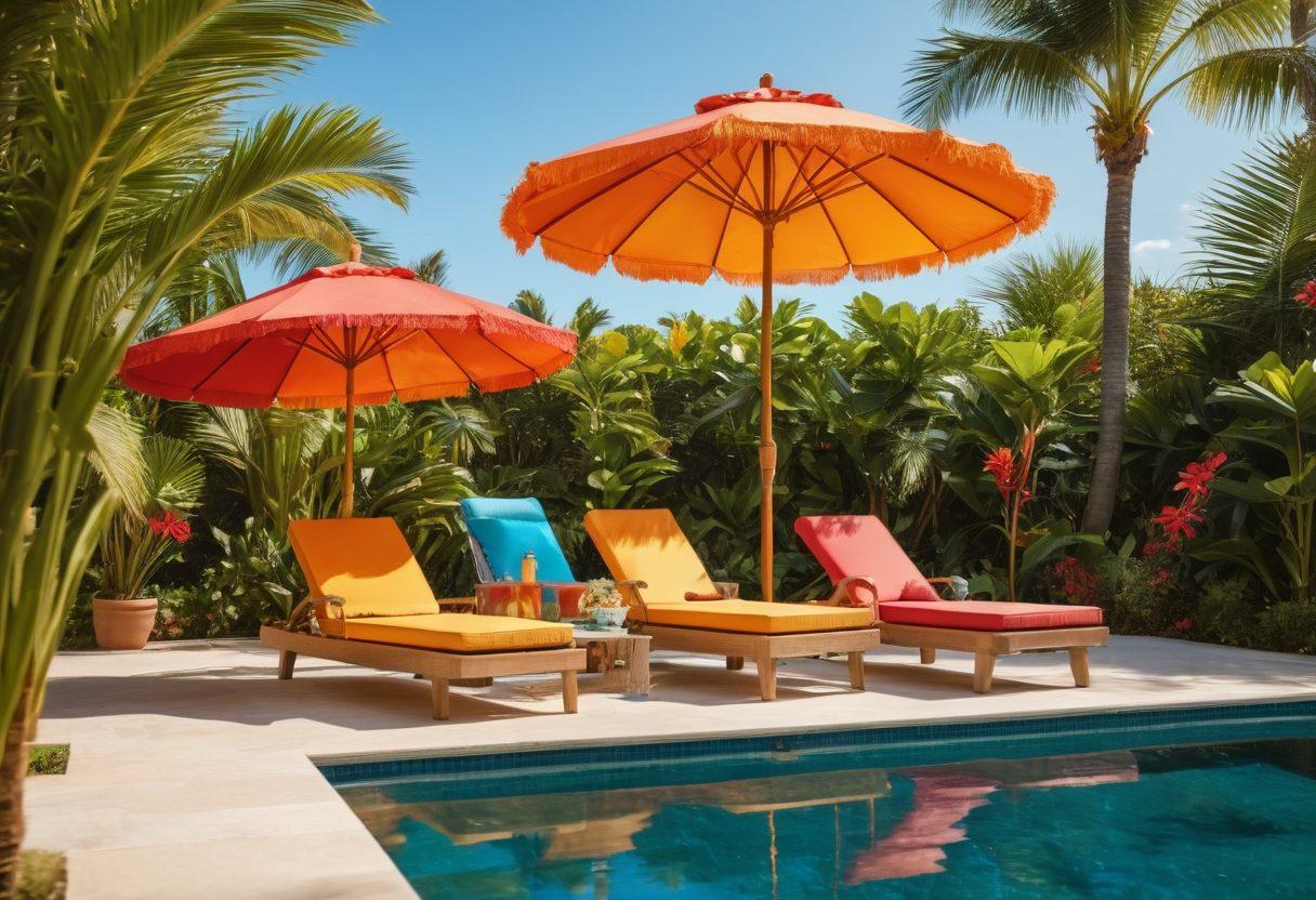 A stunning beach scene transitioning into a luxurious poolside setting, showcasing diverse models of different ethnicities wearing the latest swimwear trends. Bright beach umbrellas and chic lounge chairs signify summer vibes, while tropical plants add a lush background. Sunlight sparkles on the water, creating an inviting atmosphere. The overall composition evokes a sense of joy and fun in summer attire. vibrant colors. super-realistic. 